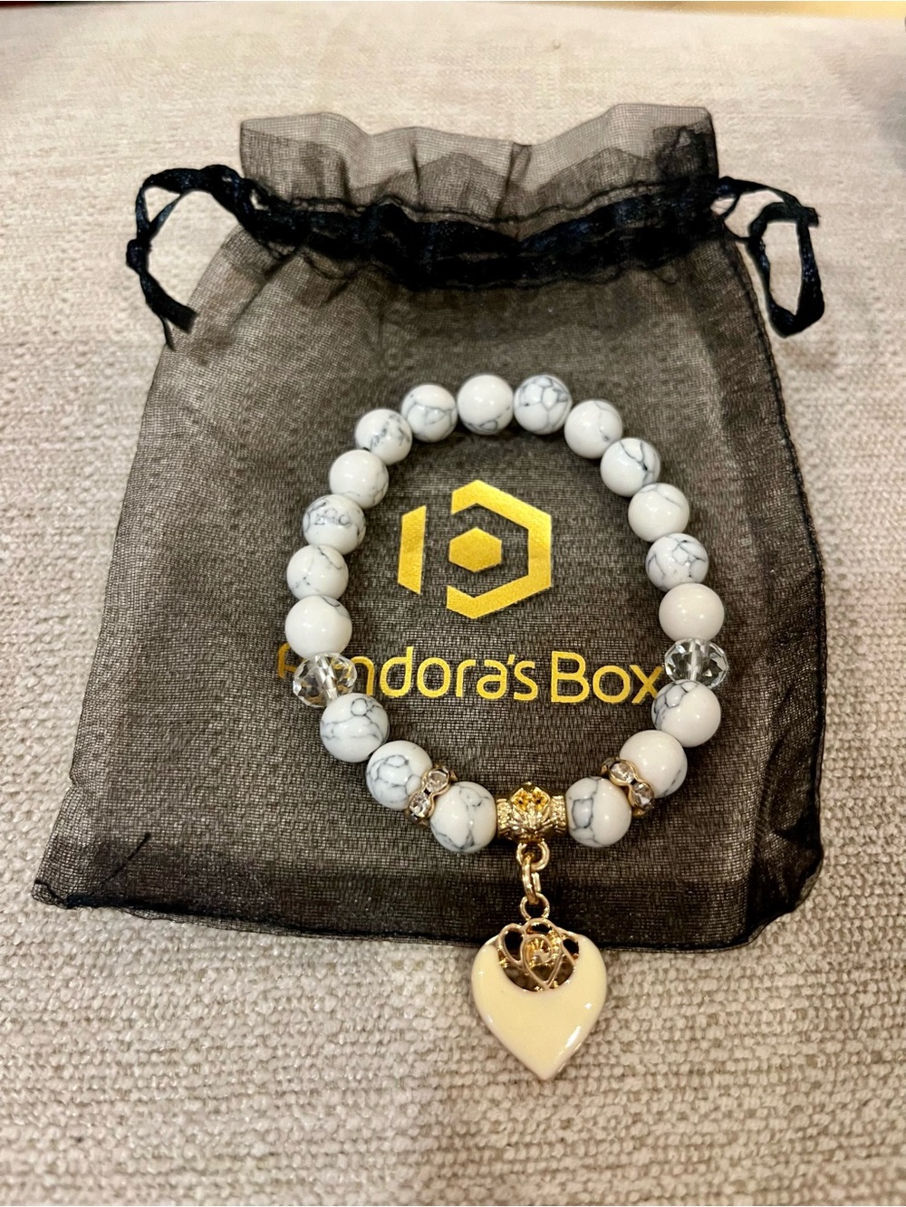 Pandora’s Box White Howlite Beaded Bracelet with Heart Charm